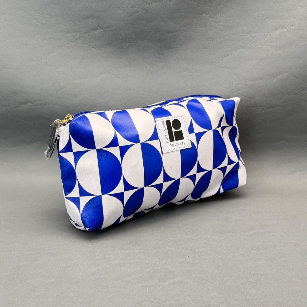 Estee Lauder Lisa Perry Cosmetic Bag Faux Leather White Blue Zip Closure Makeup